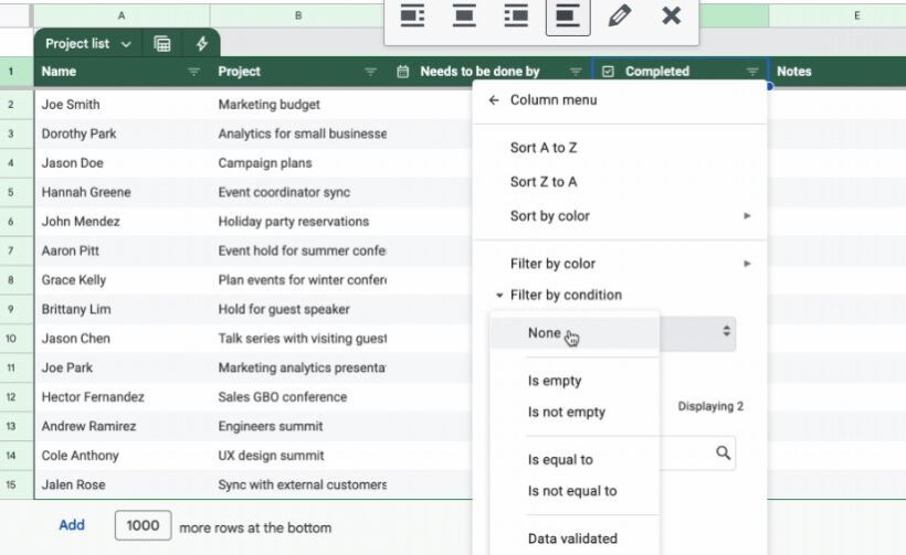 filter by condition for tables in Google Sheets, Google Sheets